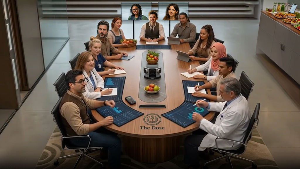 The Dose team seated around a conference table, with two colleagues joining on video screens.
